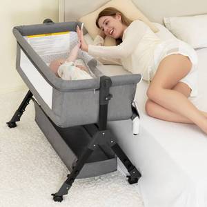 lot 60604 image: Foalom 3 in 1 Baby Bassinet, Bedside Sleeper with Storage Basket and Wheels, Bedside Crib for Baby, Adjustable and Movable Baby Cradle with Mosquito Nets, Easy Folding Baby Bed (Grey)