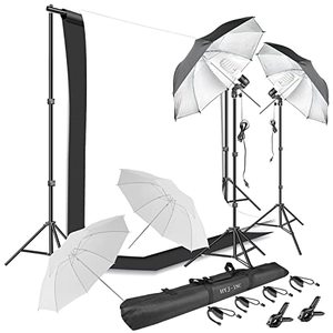 lot 60720 image: HYJ-INC Photography Umbrella Continuous Lighting Kit,Muslin Backdrop Kit(White Black), Backdrop Clips Clamp,10ft Photo Background Photography Stand System for Photo Video Studio Shooting