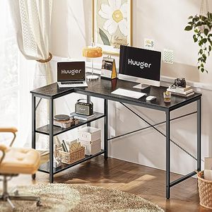 lot 60723 image: Huuger L Shaped Desk, 47 Inches Computer Desk with Reversible Storage Shelves, Gaming Desk, Corner Desk Home Office Desks, Writing Desk Study Desk with Metal Frame, Black