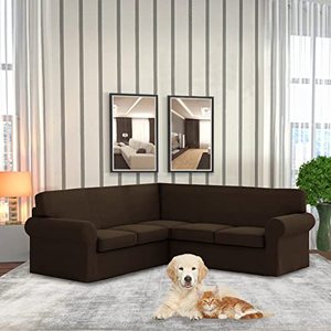 lot 60618 image: ALIECOM Corner Sectional Couch Covers 6 Piece Water Resistant L Shape Sofa Cover for Sectional Sofa Set Stretch Soft U Shaped Slipcovers Living Room Anti Slip Pet Dog Furniture Protector (Dark Coffee)