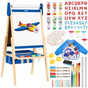 lot 60620 image: Belleur All-in-One Art Easel for Kids with 2 Paper Rolls & Deluxe Accessories, Adjustable Magnetic Double Sided Whiteboard & Chalkboard, Painting Kid Easel for Toddlers 2-8, Ideal Christmas Gift