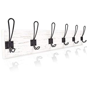 lot 60650 image: Ilyapa White Coat Rack Wall Mount - Wood Wall Mount Coat Rack with Hooks, 6 Metal Hooks - for Hats, Coats, Kitchen, Bedroom, and More - Weathered White