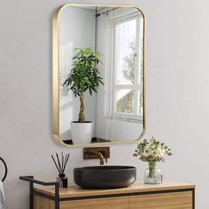 lot 60655 image: JENBELY 24x36 Inch Gold Bathroom Mirror, Brushed Brass Gold Metal Framed Rectangular Mirror with Rounded Corner, Wall Mounted Vanity Mirror for Bedroom or Living Room, HorizontalVertical