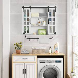 lot 60691 image: RUSTOWN Farmhouse Bathroom Cabinet Wall Mounted, Rustic Wood Wall Cabinet with Two Sliding Glass Doors and Adjustable Shelf, 3-Tier Vintage Wooden Storage Cabinet for Bathroom(White)