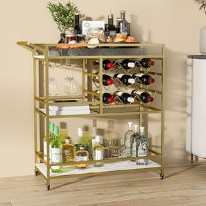 lot 60003 image: DAWNYIELD 3-Tier Golden Bar Cart for Home, Kitchen Serving Bar Cart with Wine Rack & Glass Holder, Modern Wine Cart on Wheels, Mobile Drink Trolley, Beverage Bar Table for Home Dinning Room Party