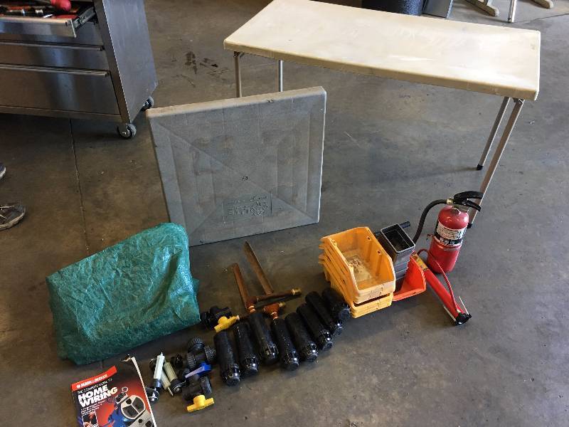 lot 42 image: TABLE, SPRINKLER HEADS, TARP, FIRE EXTINGUISHER AND MISC.