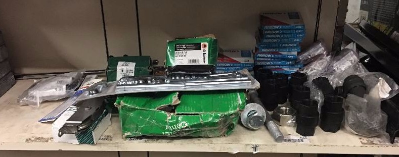 lot 188 image: LARGE LOT OF STAPLES, BOLTS, COUPLERS AND MISC. COMPONENTS