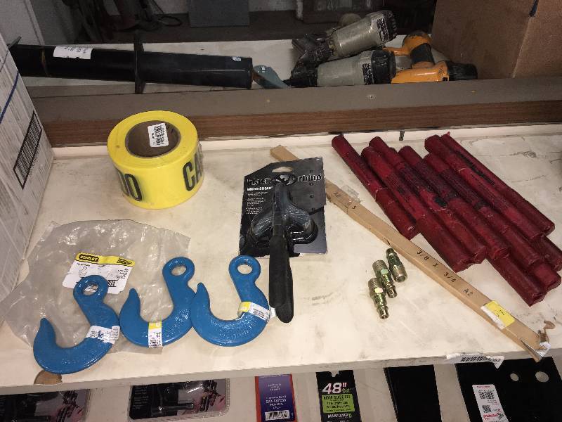 lot 227 image: HOOKS, FLARES, CAUTION TAPE, MACHINIST STEEL, BLACK RHINO SHEARS AND AIR TOOL FITTINGS