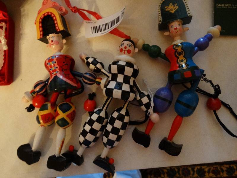 lot 194 image: 3 Hand Painted Wooden Sting puppets.