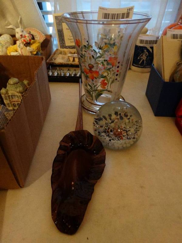 lot 197 image: Vintage hand painted vase, blown glass paper weight and blown purple glass flower.