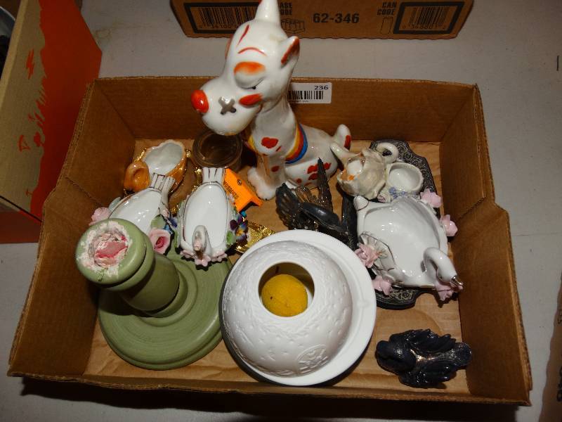 lot 236 image: old match holder, glass decor, candle stick, mosquito house.