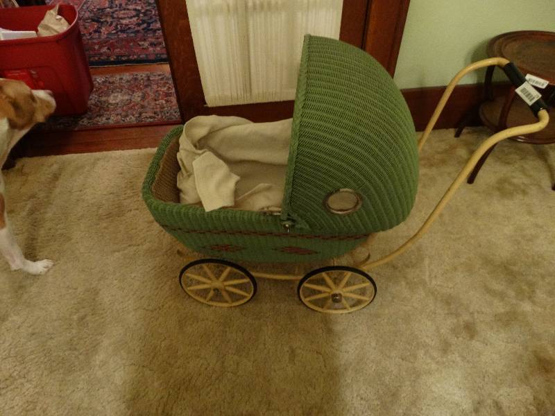 lot 278 image: Antique wicker baby doll carriage 92 year old.