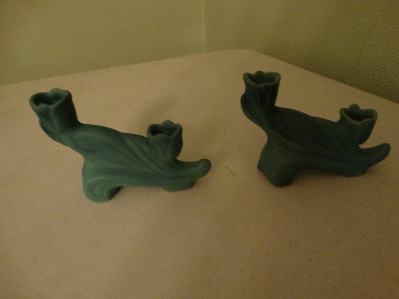 lot 300 image: Van Briggle Pottery pair of flower bud vase.