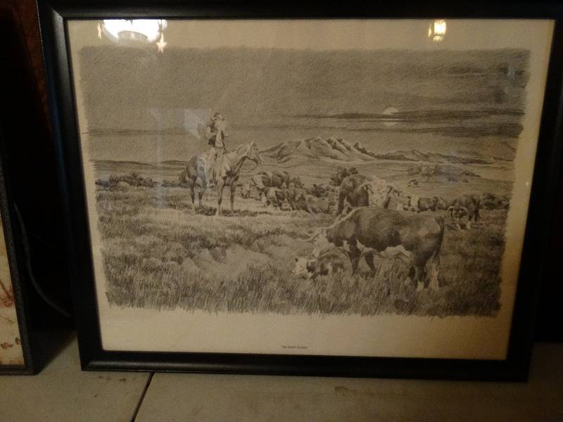 lot 312 image: Framed art the night guard.