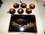 Vintage wooden Oriental set comes with Tray, 6- cups, 6- saucers, 5-spoons.