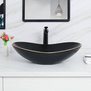 lot 40025 image: Davivy 24.5ftft X 13.8ftft Matte Black Oval Vessel Sink with Pop Up Drain,Bathroom Vessel Sinks,Bathroom Sinks Above Counter,Black Bathroom Sink with Gold Trim,Ceramic Vessel Sinks for Bathrooms