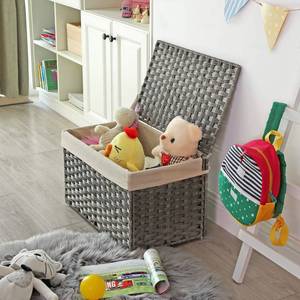 lot 40035 image: SONGMICS Storage Basket with Lid, 17.2 Gallon (65L) Storage Bin, Woven Blanket Storage Basket with Handles, Foldable, Removable Liner, Metal Frame, for Bedroom, Laundry Room, Gray URST56WG