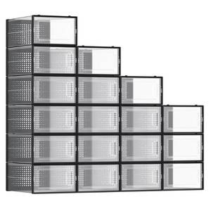 lot 40047 image: SONGMICS Shoe Boxes, Set of 18 Shoe Storage Organizers, Stackable and Foldable for Sneakers, Fit up to US Size 11, Transparent and Black ULSP18SBKV1
