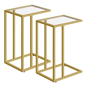 lot 40085 image: HOOBRO C Shaped End Table Set of 2, Tempered Glass Snack Side Table with Metal Frame, TV Tray Table for Small Space, Sofa Couch and Bed, Modern Style, Gold GD03SFP201