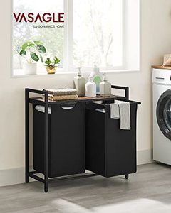 lot 40108 image: VASAGLE Laundry Hamper, Laundry Basket, Laundry Sorter with 2 Pull-Out and Removable Bags, Shelf, Metal Frame, 2 x 12.1 Gallons (46L), 28.8 x 13 x 28.4 Inches, Rustic Brown and Black UBLH201B01