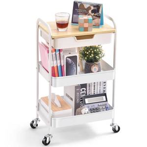 lot 40111 image: TOOLF 3-Tier Utility Rolling Cart with Wooden Board and Drawer, Metal Storage Cart with Handle, White Trolley Kitchen Organizer Rolling Desk with Locking Wheels for Office, Classroom, Home, Bedroom
