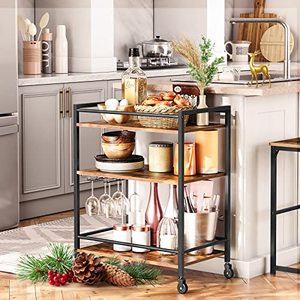 lot 40139 image: HOOBRO Bar Cart for The Home, Serving Cart with Wine Glass Hooks, Rolling Kitchen Cart with Lockable Wheels, 25.2 x 15.7 x 33.3 Inches Beverage Cart with Storage Shelves, Rustic Brown BF02TC01