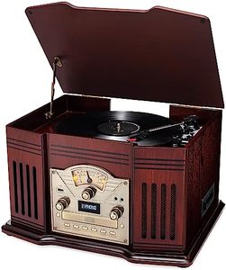 lot 40198 image: ClearClick All-in-One Turntable with 3-Speed Record Player, Bluetooth, CD, Cassette Tape, AMFM Radio, Aux, USB, Built-in Speakers, Handmade Wooden Exterior