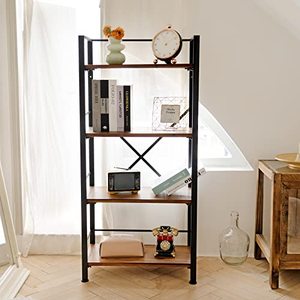 lot 40210 image: Crofy Rustic Bookshelf, 4 Tier Real Wood Bookshelf, Metal Book Shelf for Storage, Black Bookcase, 12.6in D x 23.62in W x 50.39in H