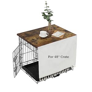 lot 40213 image: VIE DE AMAN Dog Crate Topper Wood Dog Crate Table Topper with Tassel Curtain, Rustic Style Dog Kennel Topper, Rustic Brown(Dog Crate Not Include)
