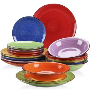 lot 40093 image: vancasso Bonita Muticolour Dinner Set 18 Pieces Stoneware Dinnerware Set for 6, Handpainted Spirals Pattern Ceramic Combination Set with 10.5in Dinner Plate, 7.5in Dessert Plate and 27oz Soup Bowl