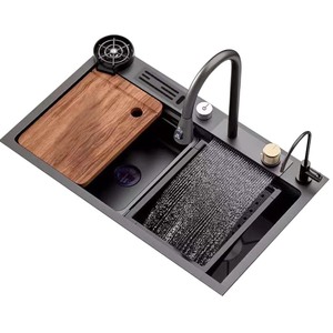 lot 40100 image: Kitchen Sink Set 304 Stainless Steel Nano Raindance Waterfall Sink Home Sink Vegetable Basin Single Sink Workstation With Pull-Out Faucet Pressurized Cup Washer1 Tool Holder Honeycomb Embossing Sink