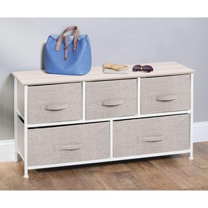 lot 40227 image: mDesign 21.65in High Steel FrameWood Top Storage Dresser Furniture Unit with 5 Removable Fabric Drawers - Wide Bureau Organizer for Bedroom, Living Room, Closet - Lido Collection, LinenTan