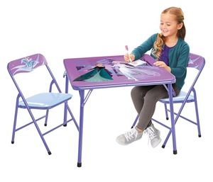 lot 40228 image: Disney Frozen Kids Folding Table & Chairs Set for Kid and Toddler 36 Months Up to 7 Years, Includes 1 Table (36in L x 24in W x 20in H), 2 Chairs (13in L x 13.5in W x 21in H) Weight Limit 70 lb