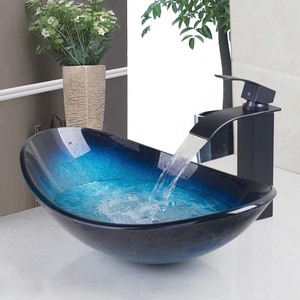 lot 40151 image: OUBONI Bathroom Vessel Sink,Black&Blue Vessel Sink,Oval Glass Vessel Sink with Waterfall Faucet and Pop-Up Drain,Boat Shape Bathroom Sink Above Counter,Artistic Tempered Glass Vessel Sink