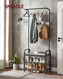 lot 40011 image: VASAGLE Coat Rack, Hall Tree with Shoe Bench for Entryway, Entryway Bench with Coat Rack, 4-in-1, with 9 Removable Hooks, a Hanging Rod, 13.3 x 28.3 x 72.1 Inches, Greige and Black UHSR40MB