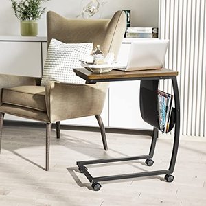 lot 40012 image: SRIWATANA Side Table, C Shaped End Table with Storage Pocket and Rolling Wheels for Laptop Coffee Snack, Light Walnut