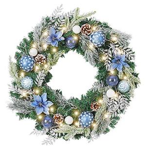 lot 40013 image: WANNA-CUL Pre-Lit 24 Inch Christmas Wreath for Front Door Silver Blue Christmas Door Wreath Decoration with Ball Ornaments, Poinsettia Flowers,Pine Cones, Battery Operated 30 LED Lights