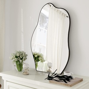 lot 40015 image: HARRITPURE Irregular Bathroom Mirror 24inx32in Black Modern Wall Mirror Wood Framed Asymmetrical Decorative Mirrors for Bedroom Living Room Entryway