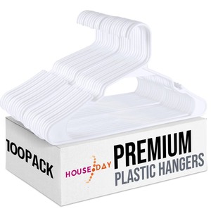 lot 40021 image: HOUSE DAY White Plastic Hangers 100 Pack, Plastic Clothes Hangers Space Saving, Sturdy Clothing Notched Hangers, Heavy Duty Coat Hangers for Closet, Laundry Hangers for Adult Coat, Suit, Shirt, Dress