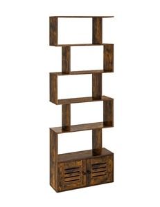 lot 40129 image: DINZI LVJ 6-Tier Bookshelf, S-Shaped Geometric Bookcase, Book Shelf with Cabinet, Display Shelf with Door, Freestanding Decorative Storage Shelving for Living Room, Home Office, Rustic Brown