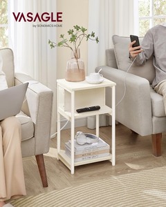 lot 40131 image: VASAGLE Side Table with Charging Station, 3-Tier End Table with USB Ports and Outlets, Nightstand for Living Room, Bedroom, 11.8 x 13.4 x 22.8 Inches, Plug-in Series, Cream White