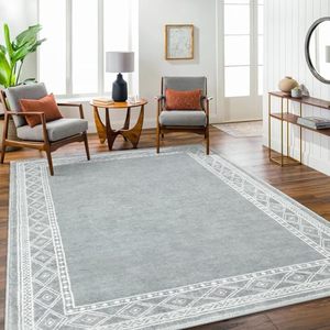 lot 40179 image: Lahome Modern Bordered 8x10 Area Rugs, Non-Slip Washable Rugs for Living Room, Ultra-Thin Foldable Soft Grey Rug Stain Resistant Accent Rugs for Bedroom Office Dining Room (8x10ft,Grey)