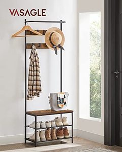 lot 40181 image: VASAGLE Hall Tree with Bench and Shoe Storage, Entryway Bench with Coat Rack Stand and Shoe Rack, 9 Removable Hooks, Top Bar, Fabric Shelves, Industrial, Rustic Brown and Black UHSR411B01
