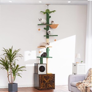 lot 40197 image: Heybly Cat Tree Floor to CeilingCactus Cat Tower with Adjustable Height(97-108 Inches) and Wood Litter Box Enclosure,Cat Condo Furniture with Cozy Basket and Scratching Board Rustic Brown HCT104SR