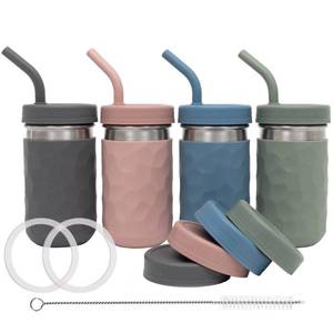 lot 5654 image: WeeSprout 2-in-1 Drinking Cups for Kids, Durable Stainless Steel Tumbler for Smoothies, Silicone Straws with Stoppers, Premium Plastic Twist Lids, Easy-Grip Sleeves, Set of 4 Dishwasher Safe Kid Cups