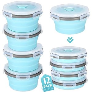 lot 5680 image: Dandat 12 Pack Silicone Collapsible Food Storage Containers 12 oz Collapsible Container Bowls with Lids Vent for Operation Christmas Christian Charity Donation (Gray Edge Blue)