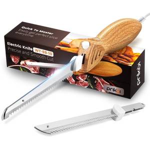 lot 5688 image: Prikoi Electric Knife - Easy-Slice Serrated Edge Blades for Carving Meat, Bread, Turkey, Ribs, Fillet, DIY, Ergonomic Handle  2 Blades for Raw & Cooked Food(Faux Wood)