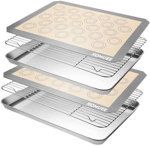 lot 5690 image: KOMUEE Stainless Steel Baking Sheet Tray Cooling Rack with Silicone Baking Mat Set, Cookie Pan with Cooling Rack, Set of 6 (2 Sheets  2 Racks  2 Mats), Non Toxic