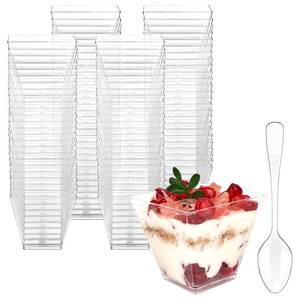 lot 5699 image: Hiasobre 100 Pack 2 oz Mini Dessert Cups with Spoons, Square Clear Plastic Appetizer Cups, Reusable Parfait Cups, Small Dessert Bowls for Serving Fruit Ice Cream Pudding Yogurt