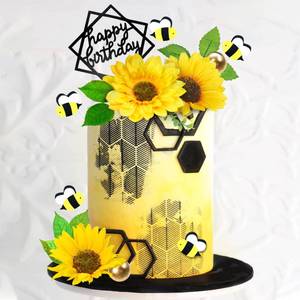 lot 5702 image: Sunflower Cake Decorations Bee Cake Topper with Artificial Leaves Balls and Happy Birthday Cake Topper for Summer Sunflower Wedding Party Decorations Baby Shower Supplies (Bee)